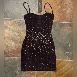XS White Fox Rhinestone mini black dress Brand New with Tags